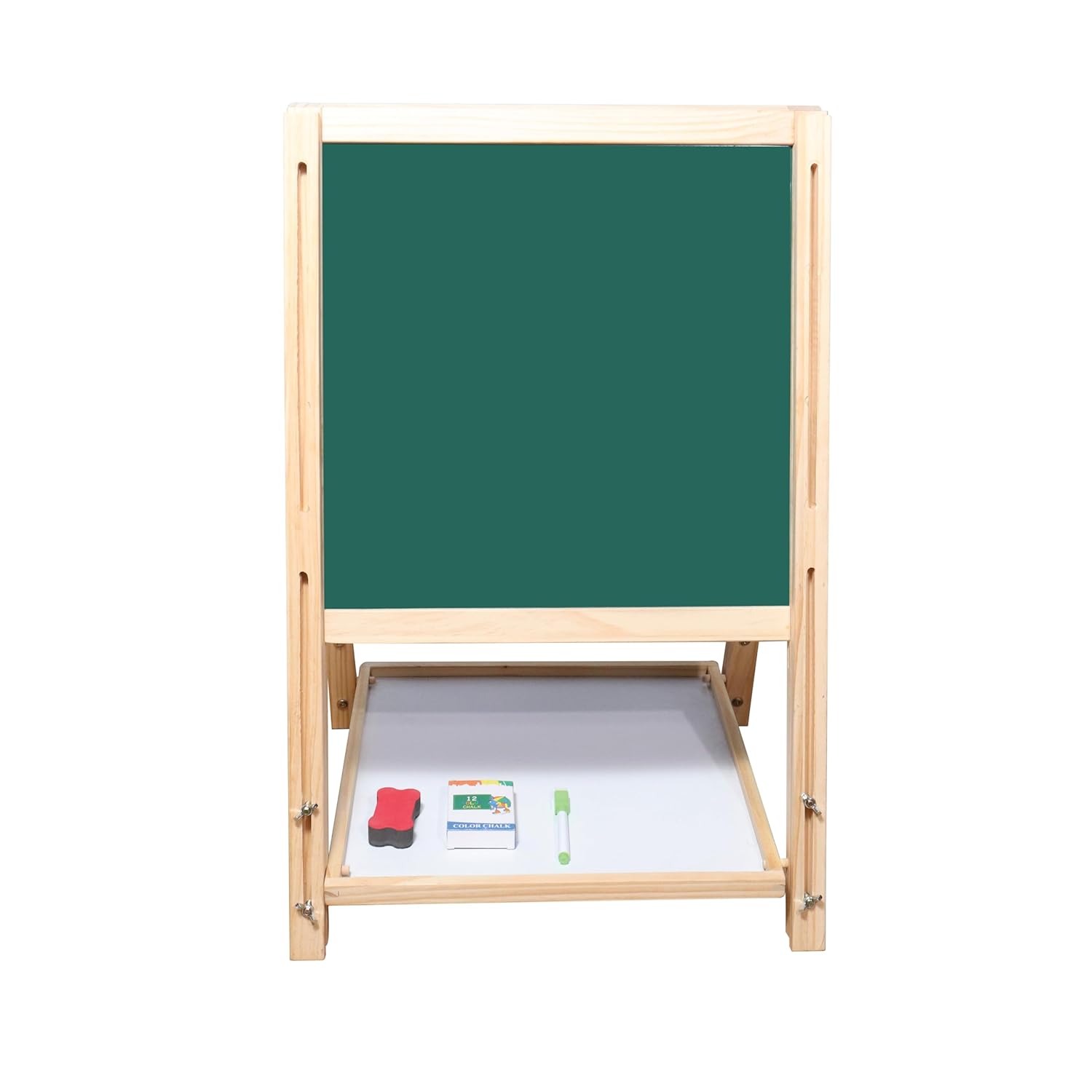 OBASIX® Height Adjustable Magnetic Foldable Whiteboard and Green Chalkboard for Children| Natural Pinewood| WBCB-02