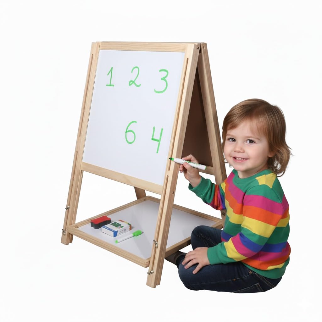 OBASIX® Height Adjustable Magnetic Foldable Whiteboard and Green Chalkboard for Children| Natural Pinewood| WBCB-02