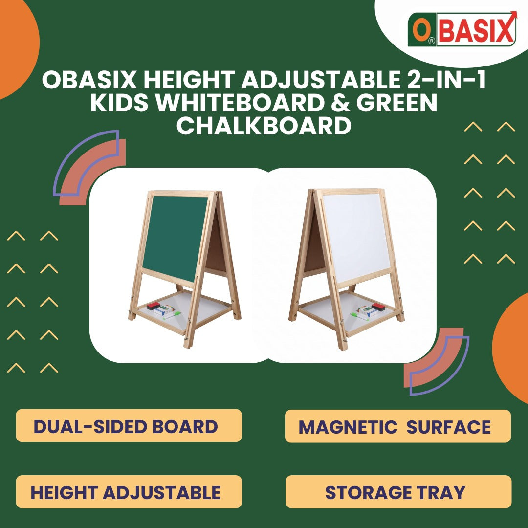 OBASIX® Height Adjustable Magnetic Foldable Whiteboard and Green Chalkboard for Children| Natural Pinewood| WBCB-02