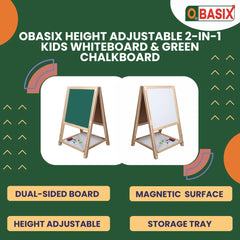OBASIX® Height Adjustable Magnetic Foldable Whiteboard and Green Chalkboard for Children| Natural Pinewood| WBCB-02