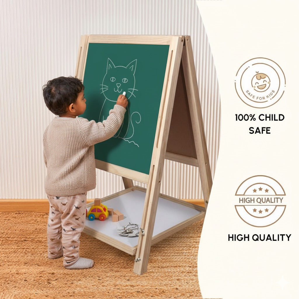 OBASIX® Height Adjustable Magnetic Foldable Whiteboard and Green Chalkboard for Children| Natural Pinewood| WBCB-02