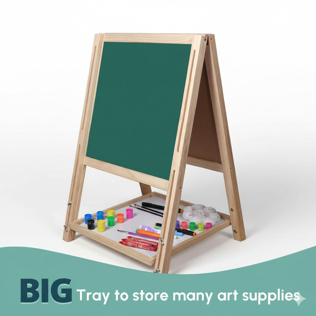 OBASIX® Height Adjustable Magnetic Foldable Whiteboard and Green Chalkboard for Children| Natural Pinewood| WBCB-02