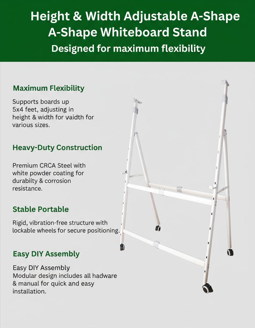 OBASIX® Premium Mobile Whiteboard Stand | Height & Width Adjustable | Heavy Duty Powder Coated Frame with 2-Inch Lockable Wheels | Compatible with Boards up to 4x8 Ft