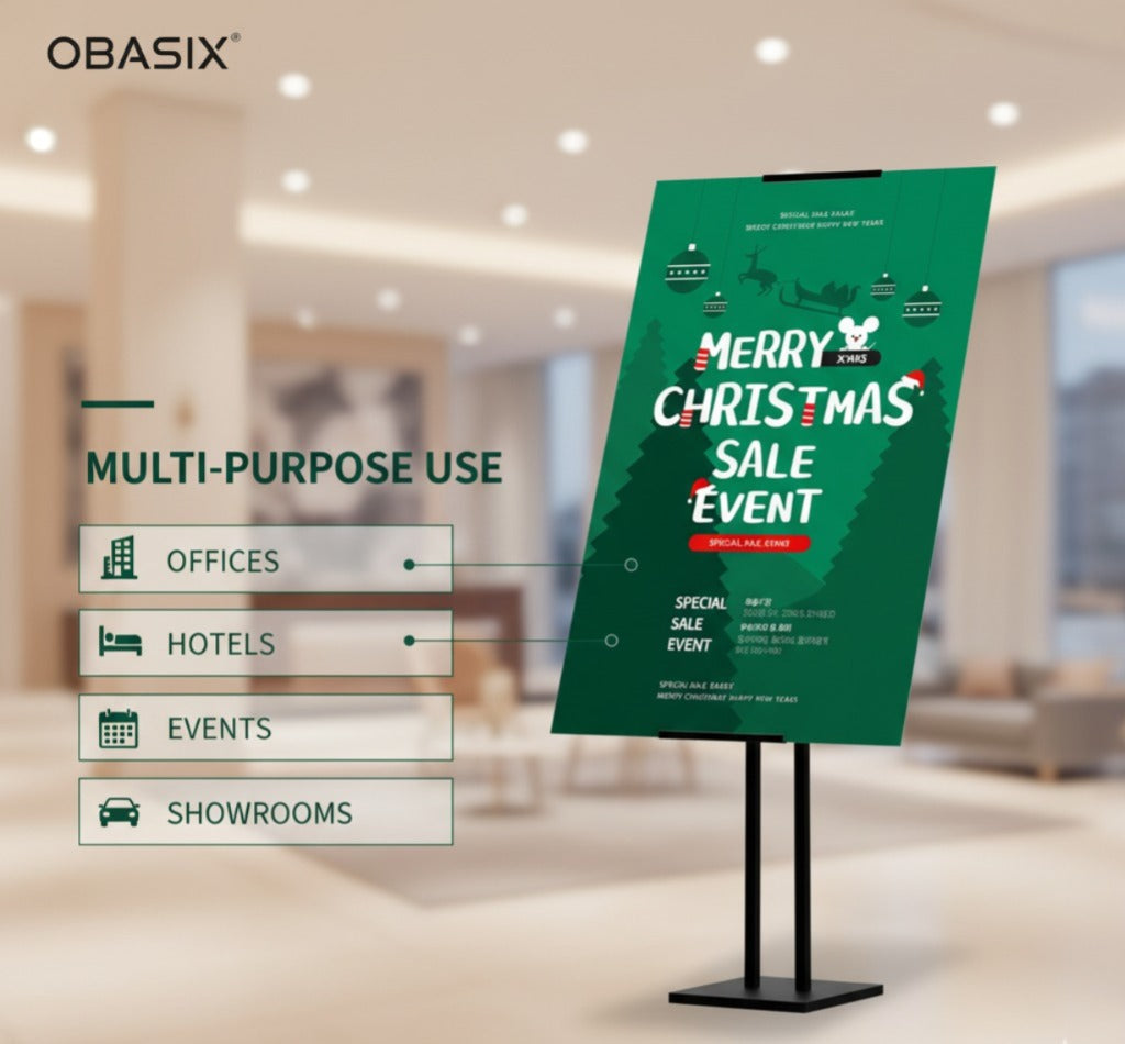 OBASIX® Height Adjustabe Metal Display Stand for Commercial Advertisement Poster Stand Restaurants Menu | Powder Coated Black AMS-06