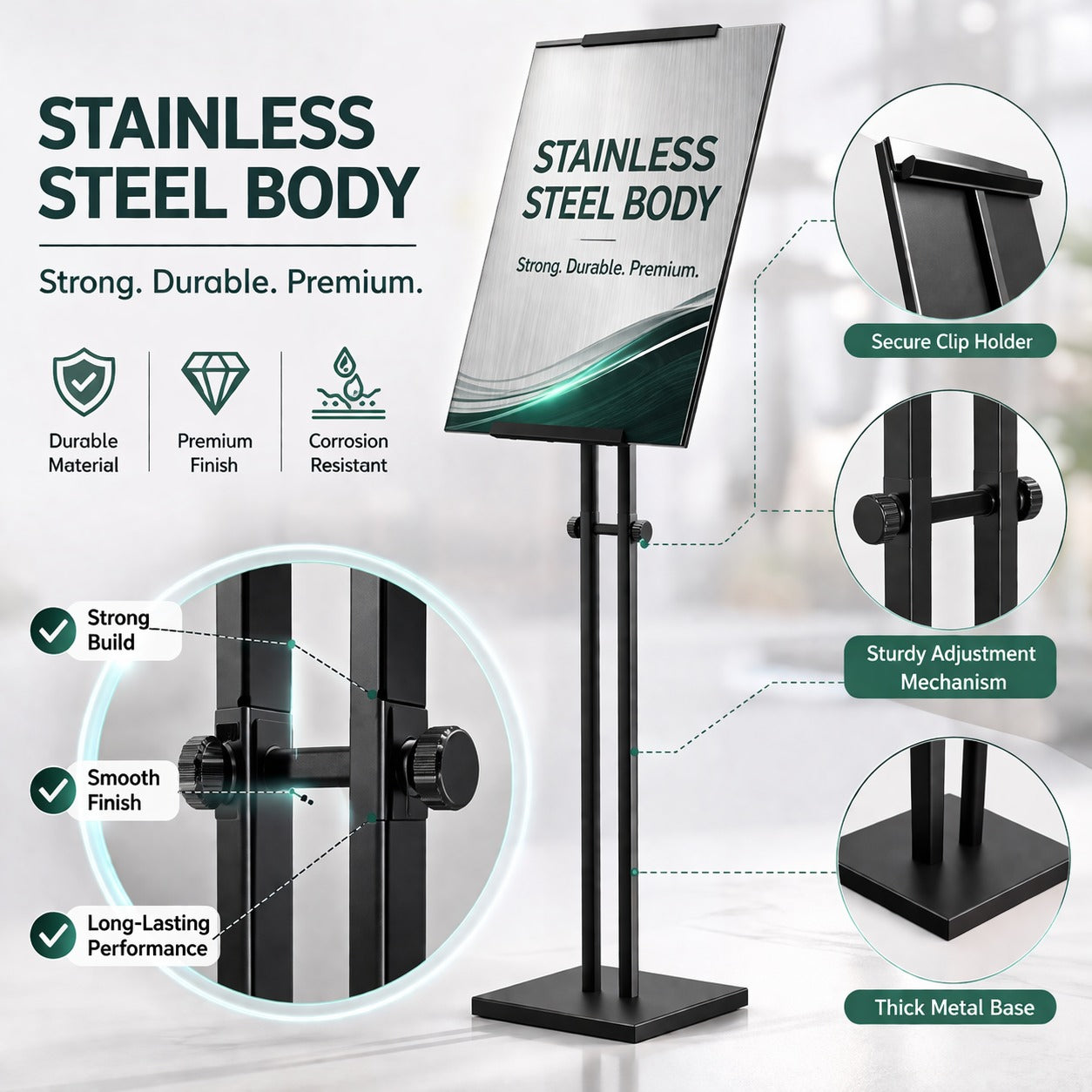 OBASIX® Height Adjustabe Metal Display Stand for Commercial Advertisement Poster Stand Restaurants Menu | Powder Coated Black AMS-06