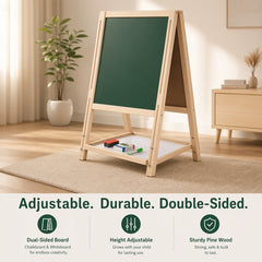 OBASIX® Height Adjustable Magnetic Foldable Whiteboard and Green Chalkboard for Children| Natural Pinewood| WBCB-02