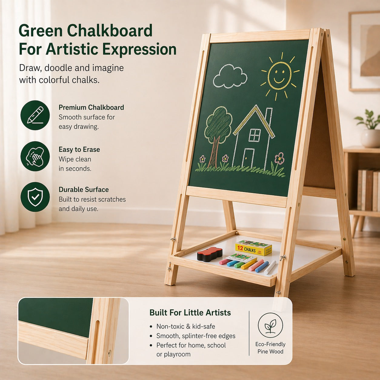 OBASIX® Height Adjustable Magnetic Foldable Whiteboard and Green Chalkboard for Children| Natural Pinewood| WBCB-02