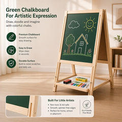 OBASIX® Height Adjustable Magnetic Foldable Whiteboard and Green Chalkboard for Children| Natural Pinewood| WBCB-02