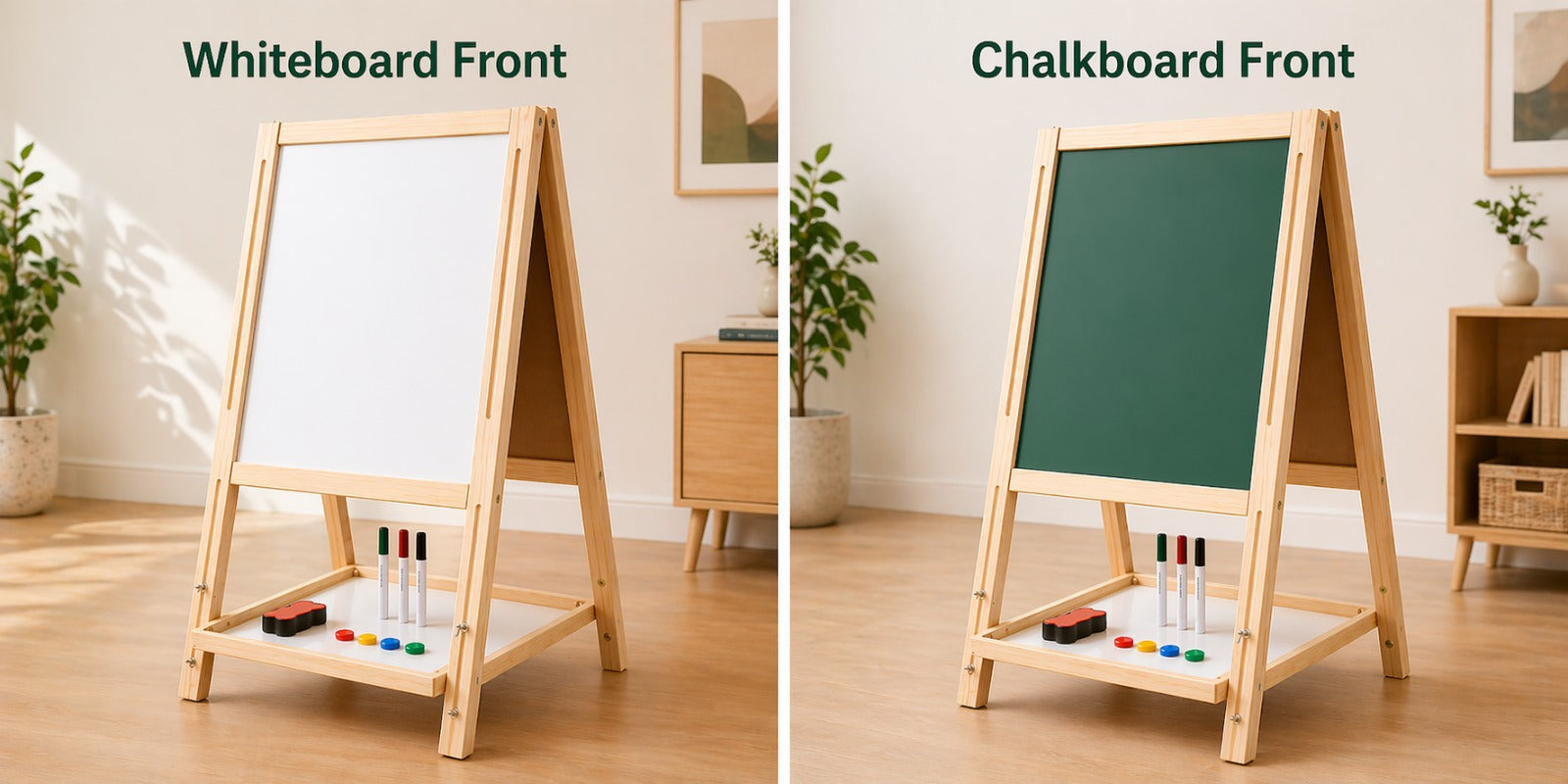 OBASIX® Height Adjustable Magnetic Foldable Whiteboard and Green Chalkboard for Children| Natural Pinewood| WBCB-02