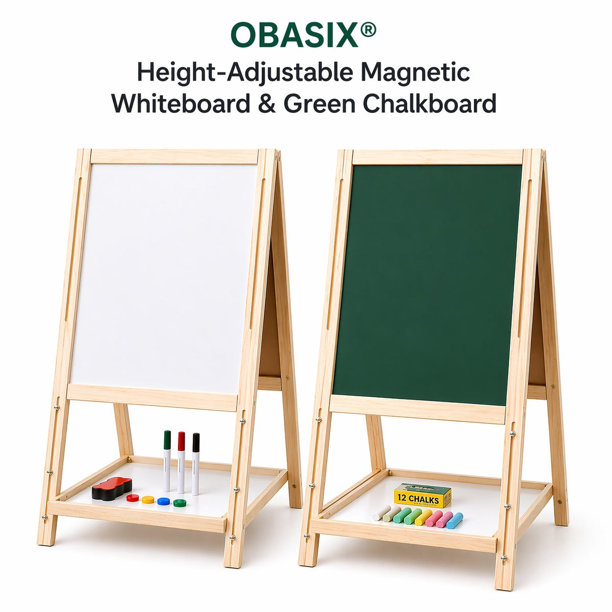 OBASIX® Height Adjustable Magnetic Foldable Whiteboard and Green Chalkboard for Children| Natural Pinewood| WBCB-02