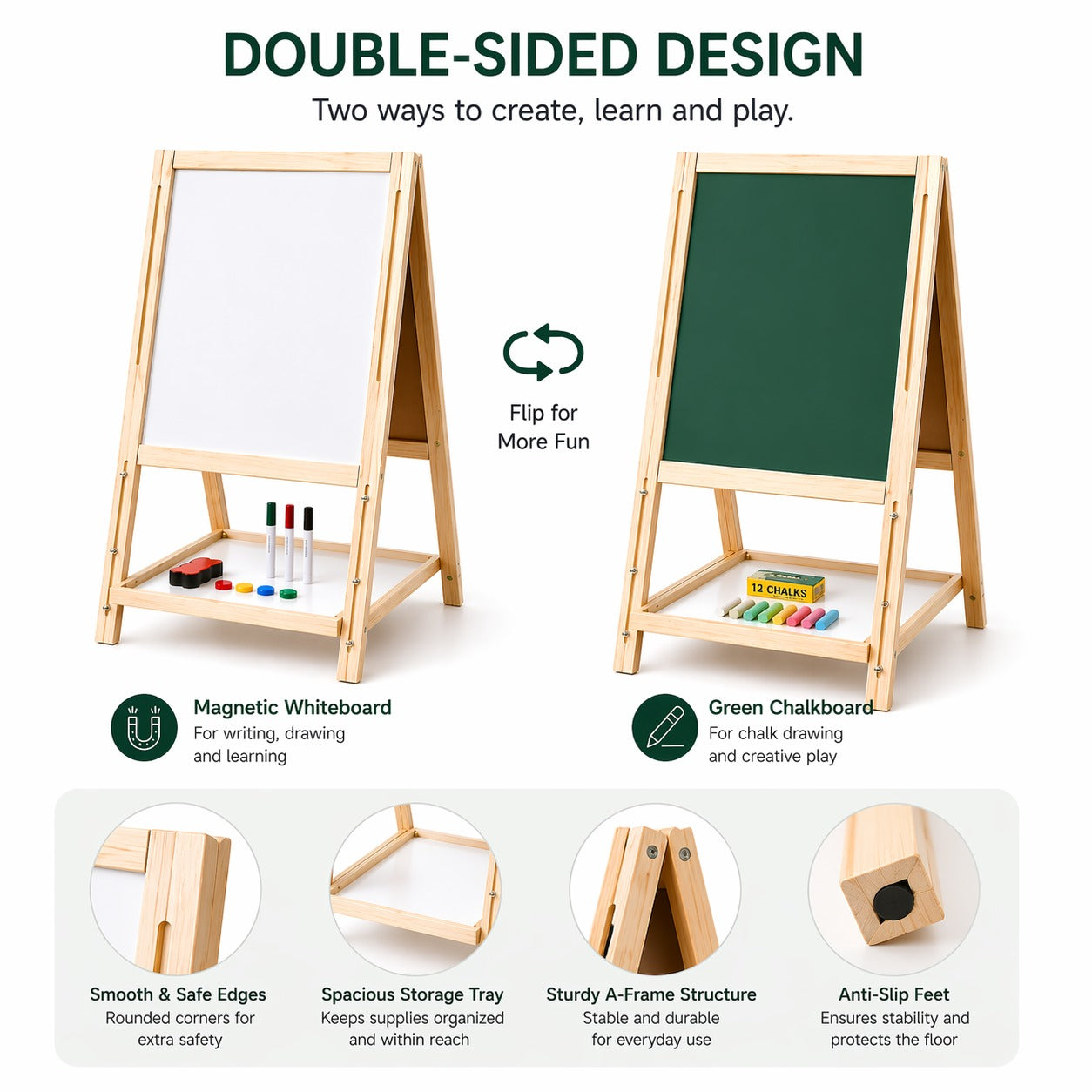 OBASIX® Height Adjustable Magnetic Foldable Whiteboard and Green Chalkboard for Children| Natural Pinewood| WBCB-02