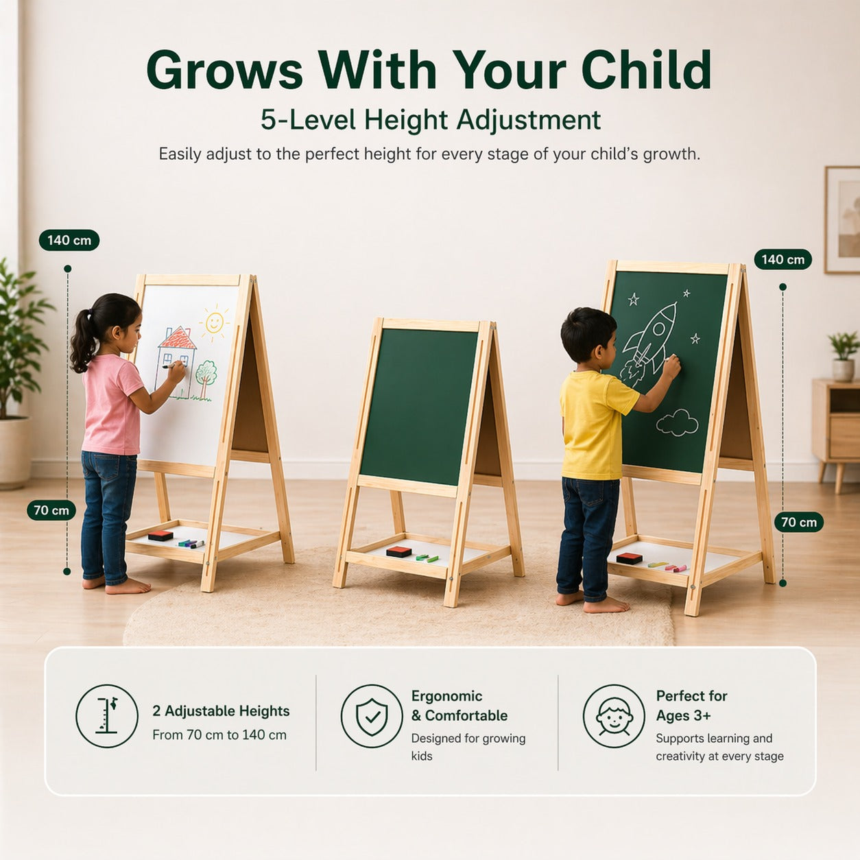OBASIX® Height Adjustable Magnetic Foldable Whiteboard and Green Chalkboard for Children| Natural Pinewood| WBCB-02