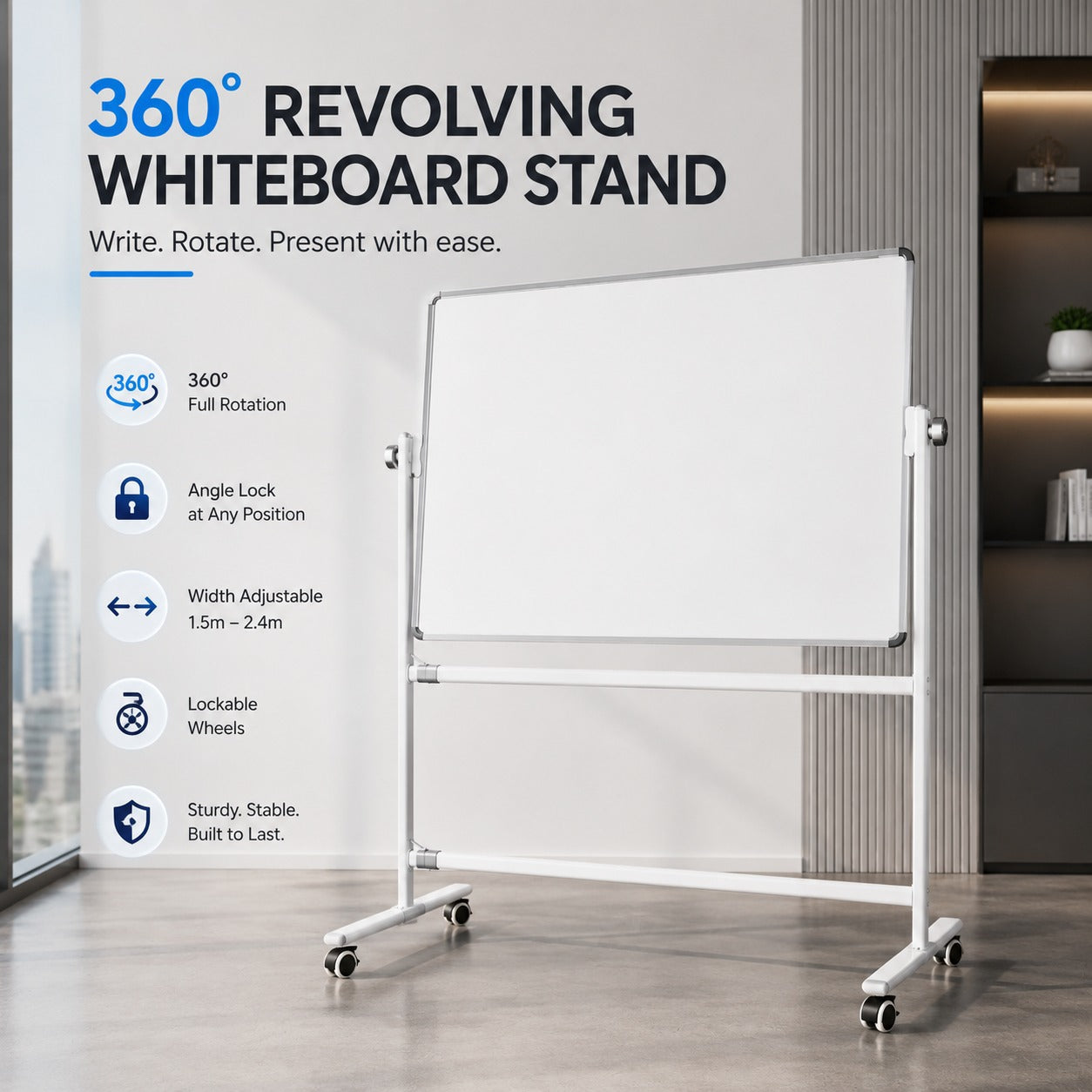 OBASIX® Premium 360 Degree Revolving Whiteboard Stand | Width Adjustable Mobile Board Stand with Lockable Wheels | Heavy Duty Powder Coated Frame | Fits 5ft to 8ft Whiteboards
