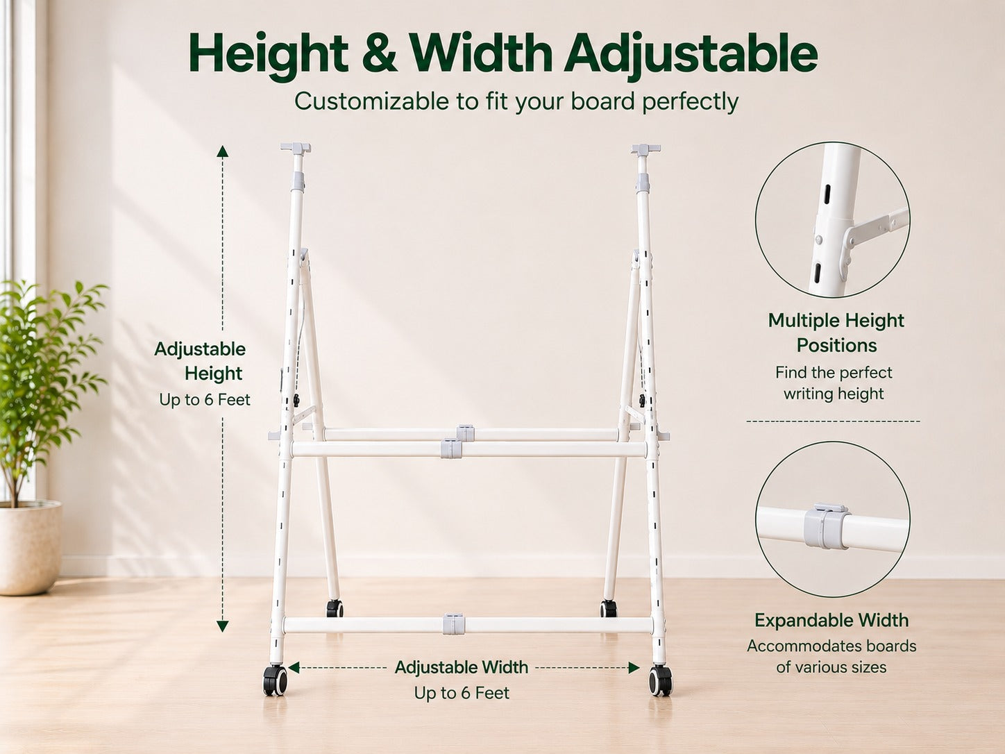 OBASIX® Premium Mobile Whiteboard Stand | Height & Width Adjustable | Heavy Duty Powder Coated Frame with 2-Inch Lockable Wheels | Compatible with Boards up to 4x8 Ft