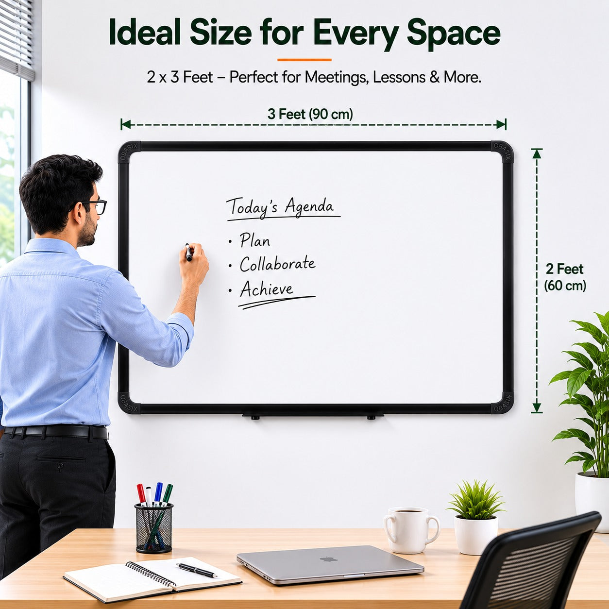 OBASIX® Magnetic White Board 2x3 Feet | Dry Erase Writing Board with Heavy Duty Black Aluminium Frame | Whiteboard for Office, School, Classroom, Coaching Institute & Home