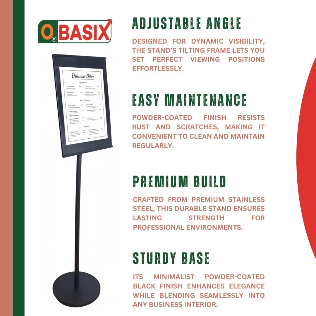OBASIX® Metal Display Stand with A4 Acrylic Sheet With Angle Adjustment |Powder Coated Black (Black A4)