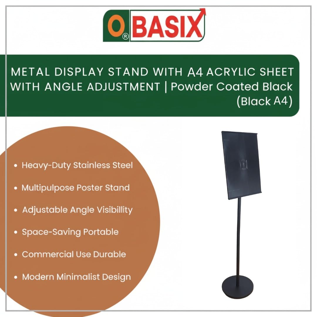 OBASIX® Metal Display Stand with A4 Acrylic Sheet With Angle Adjustment |Powder Coated Black (Black A4)